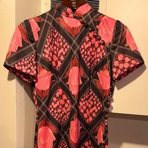 Vintage Floral Dress - pink and brown print on polyester with zip closure RETRO